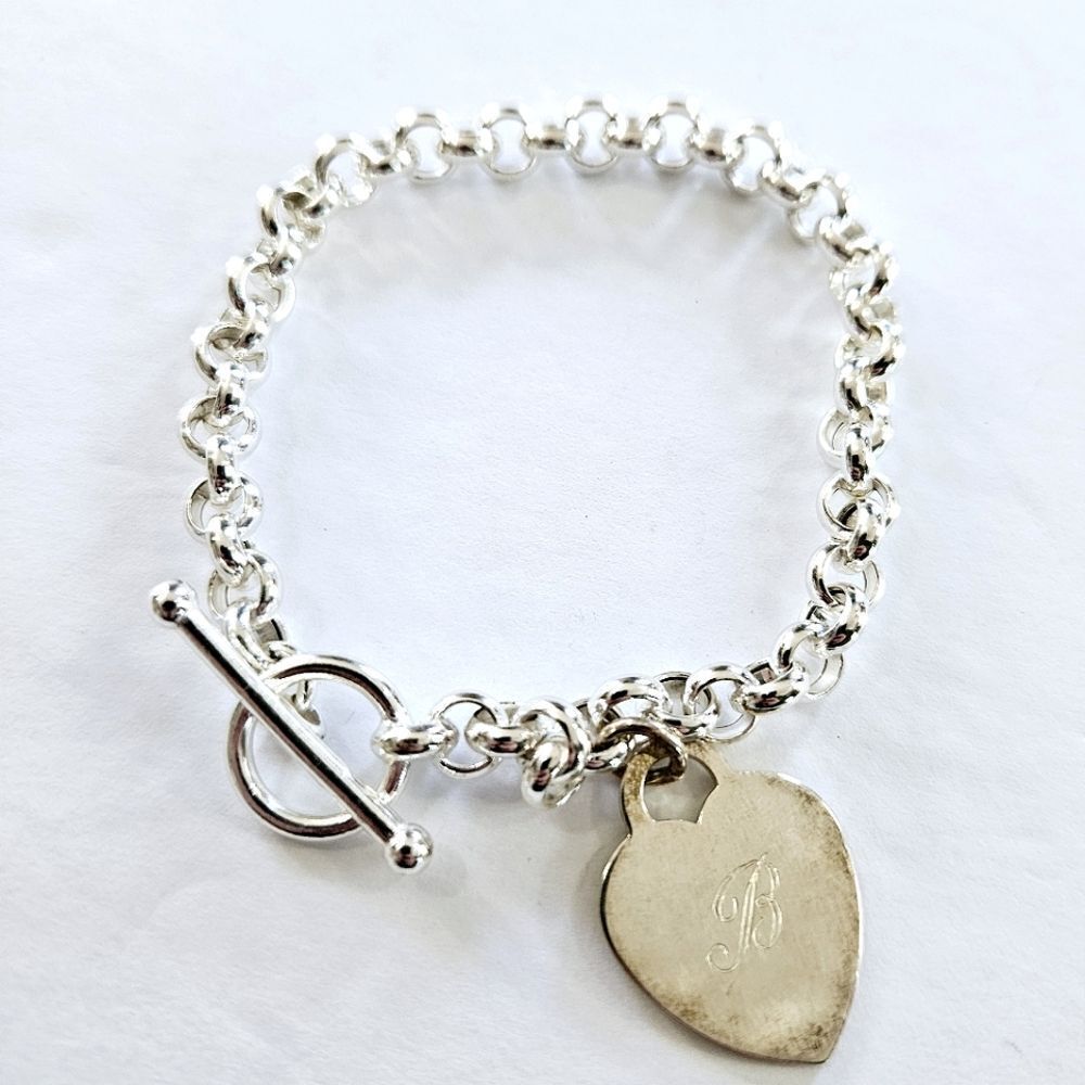 Sterling Silver Signed 925 OTO Toggle Clasp Monogramed "B" Heart Charm Bracelet
